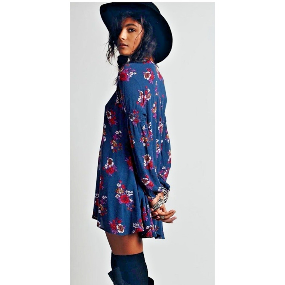 Free People Dress Women's Small Retro Floral Teal Swing Tunic Cottage Western‎